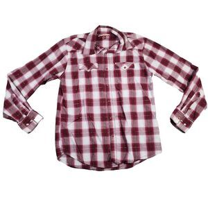 Raw Edge Women's Red Plaid & Metallic Pearl Snap Collared Westerncore Shirt Sz M